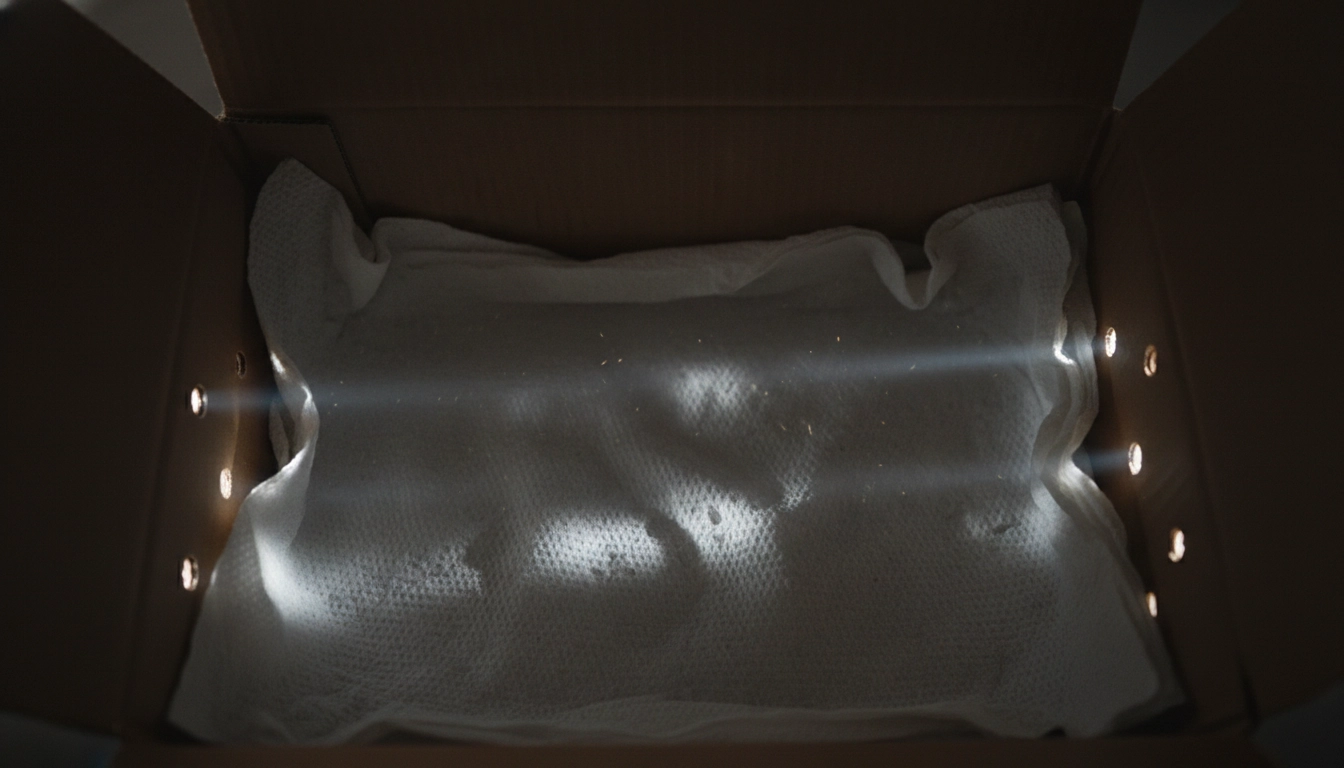 The dark, quiet interior of a cardboard box lined with paper towels to stabilize an injured bird.