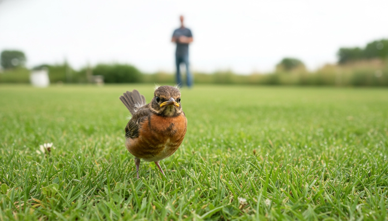 A person standing ten feet away observing a fledgling bird on a lawn to assess if it needs help.