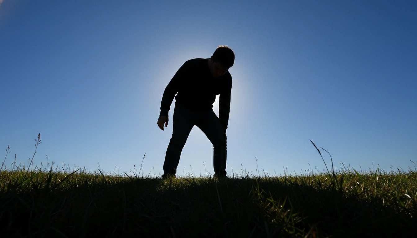 A low-angle shot looking up at a person, showing how a human appears as a giant predator to an injured bird.