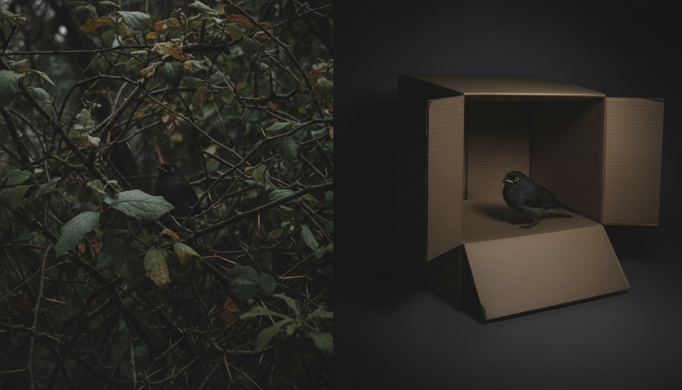 A comparison of a bird hiding in a dark thicket and a bird inside a dark cardboard box.