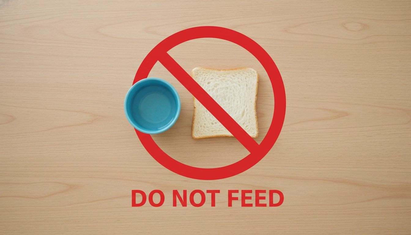 A red "no" symbol over a piece of bread and a water bowl to indicate they are dangerous for injured birds.