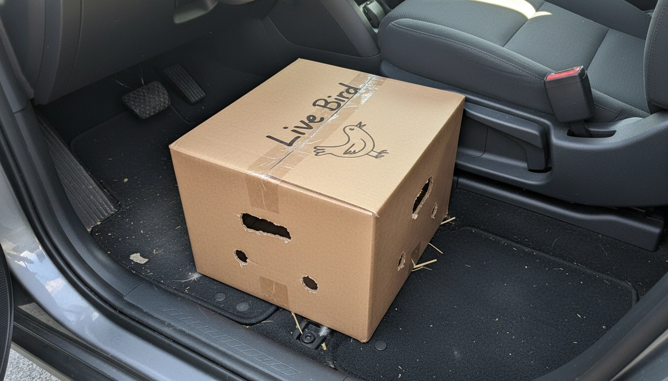 A cardboard box sitting securely on the floorboard of a car for safe transport to a rehabber.