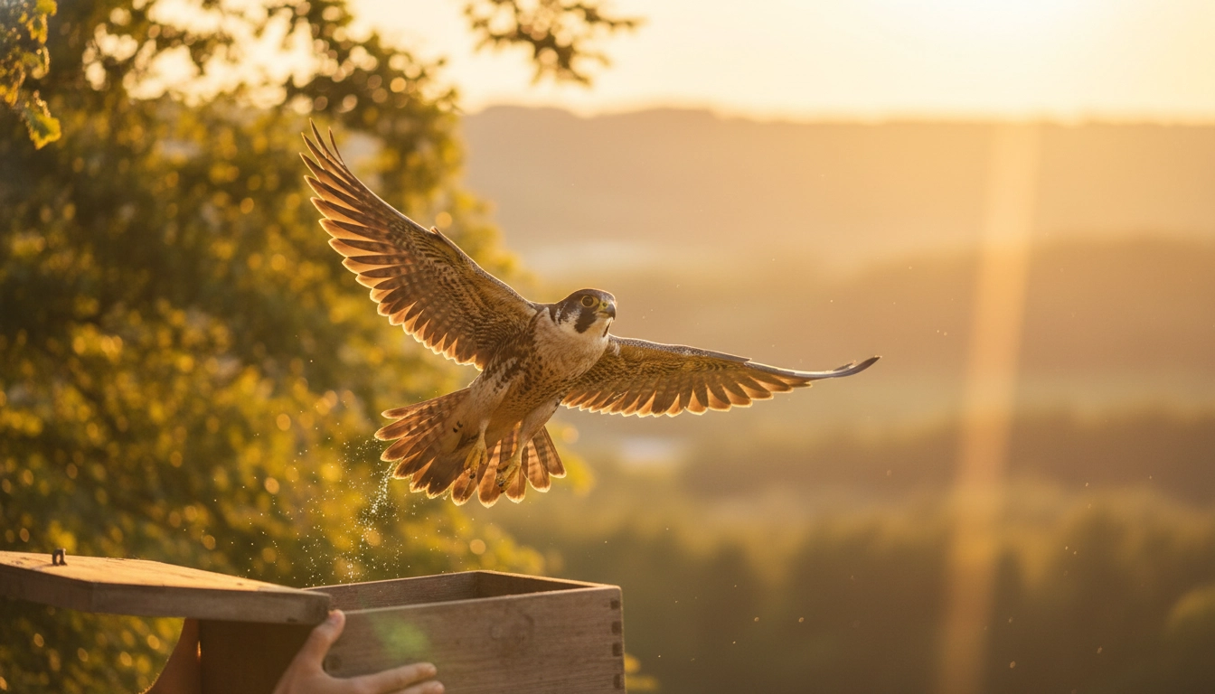 A bird flying out of a cardboard box into a green field during a successful release.