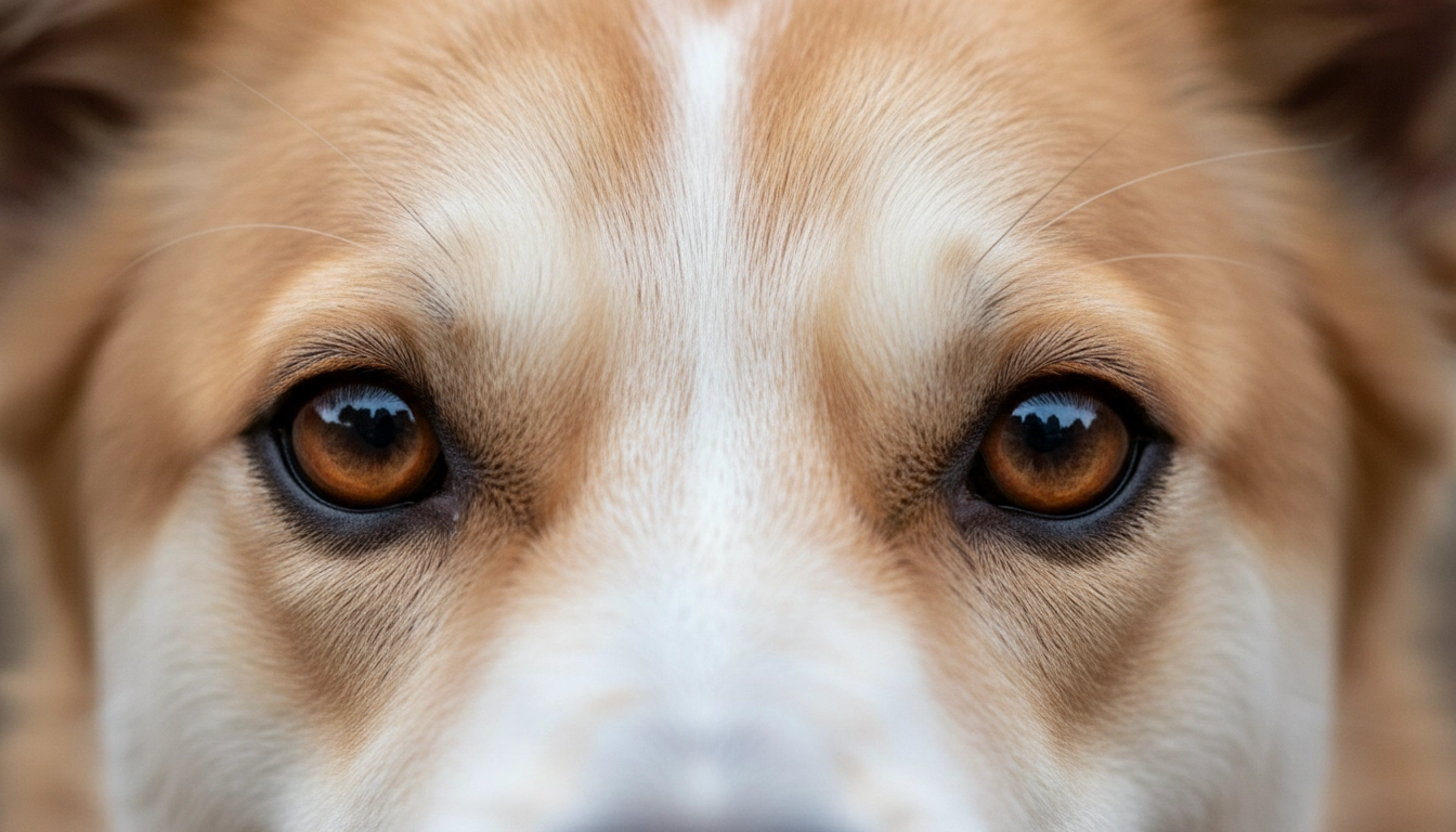 A macro shot of a dog's face showing relaxed brow muscles and "soft eyes," indicating a calm social threshold.