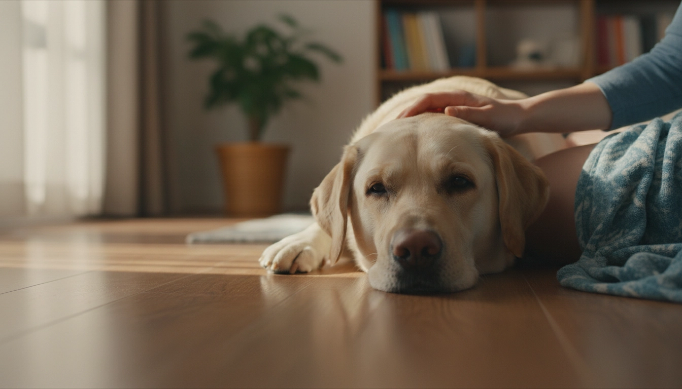 A patient yellow Labrador Retriever resting its head gently on a person's knee, showcasing its low-energy and safe temperament.