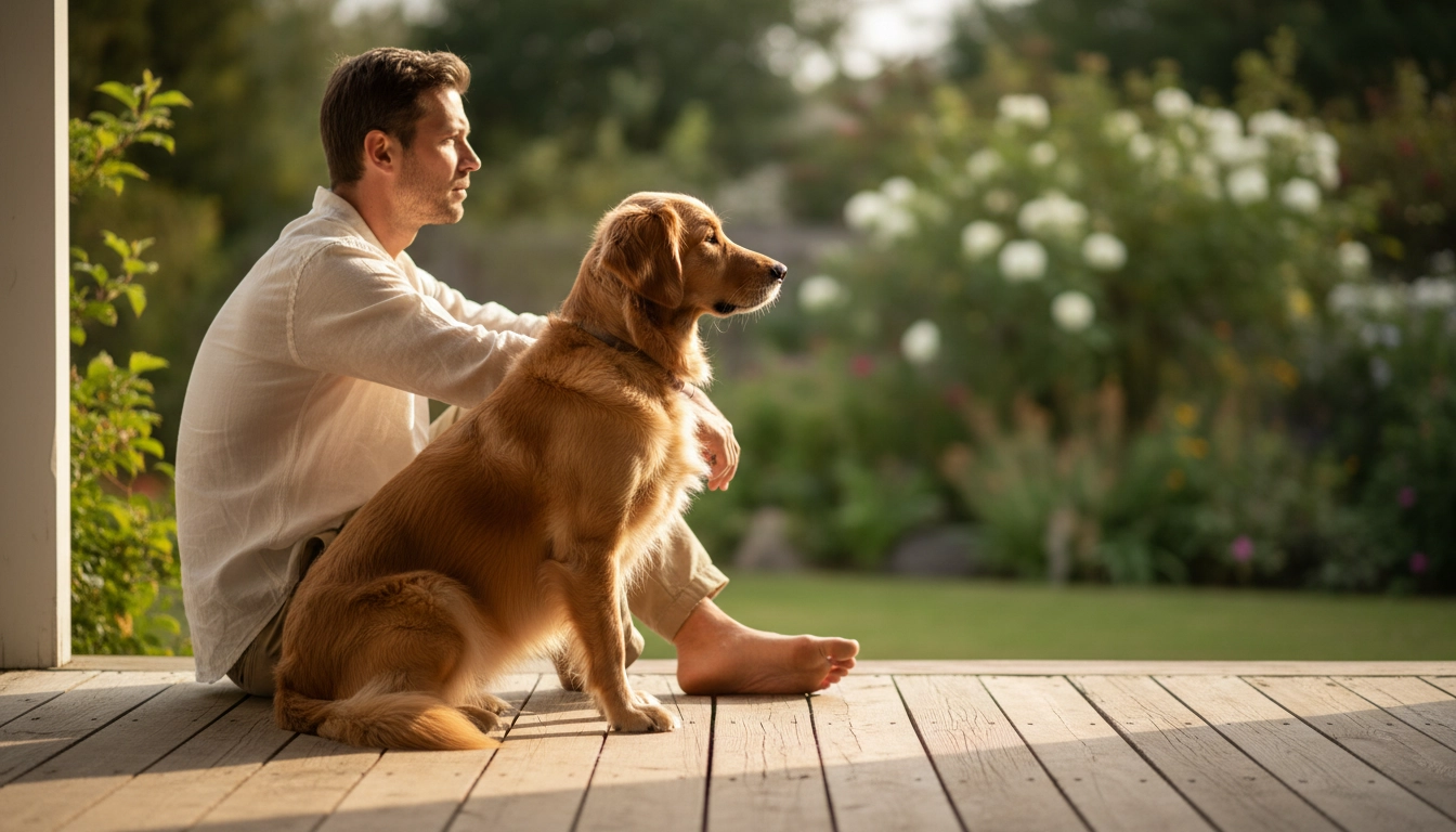 A person and their dog sitting quietly together on a porch, demonstrating how to choose what is the safest dog to own by matching household energy.