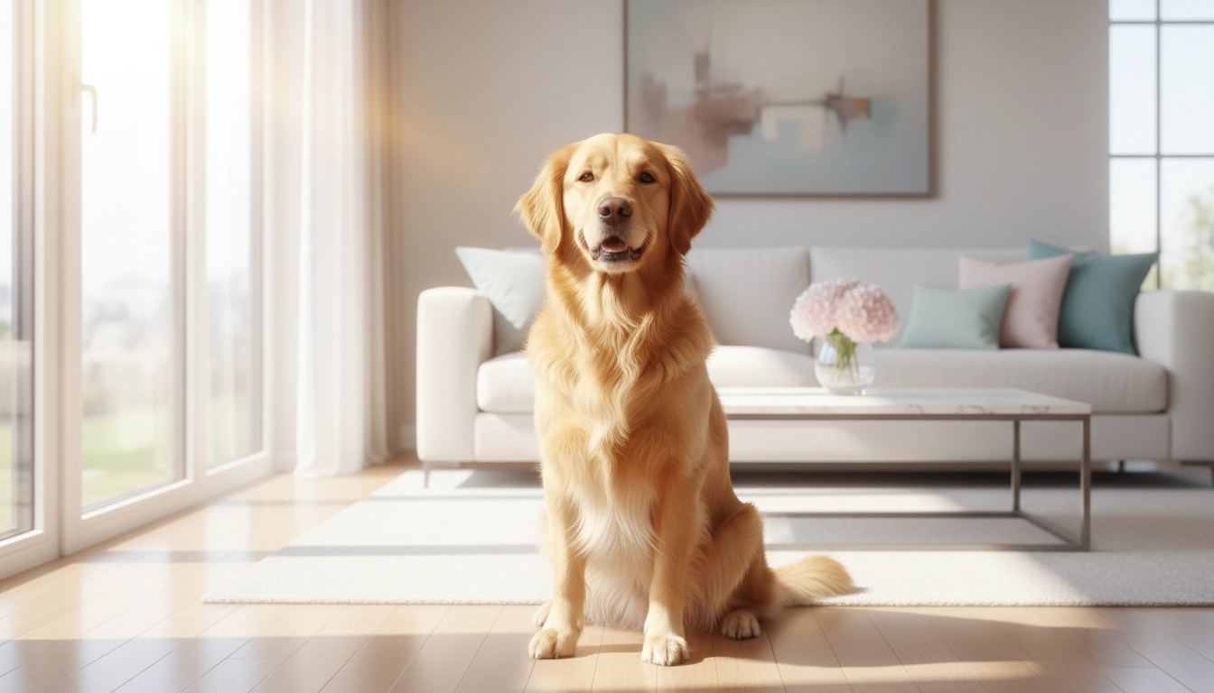 A Golden Retriever with a gentle expression sitting in a sun-drenched room, reflecting its high emotional intelligence.
