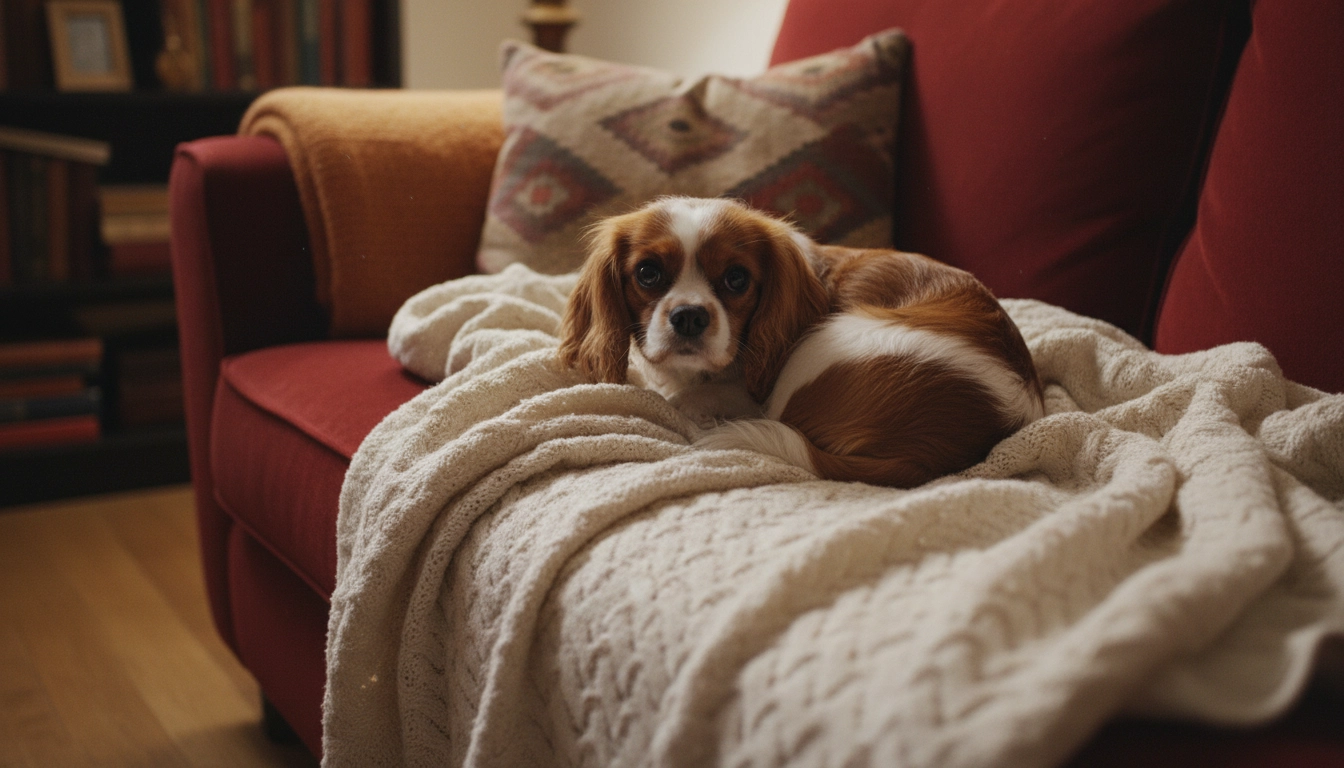 A small Cavalier King Charles Spaniel resting peacefully on a soft sofa cushion.