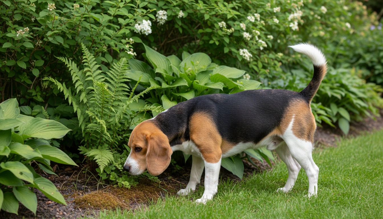 A friendly Beagle sniffing the grass in a backyard, showing a relaxed tail and non-aggressive body language.