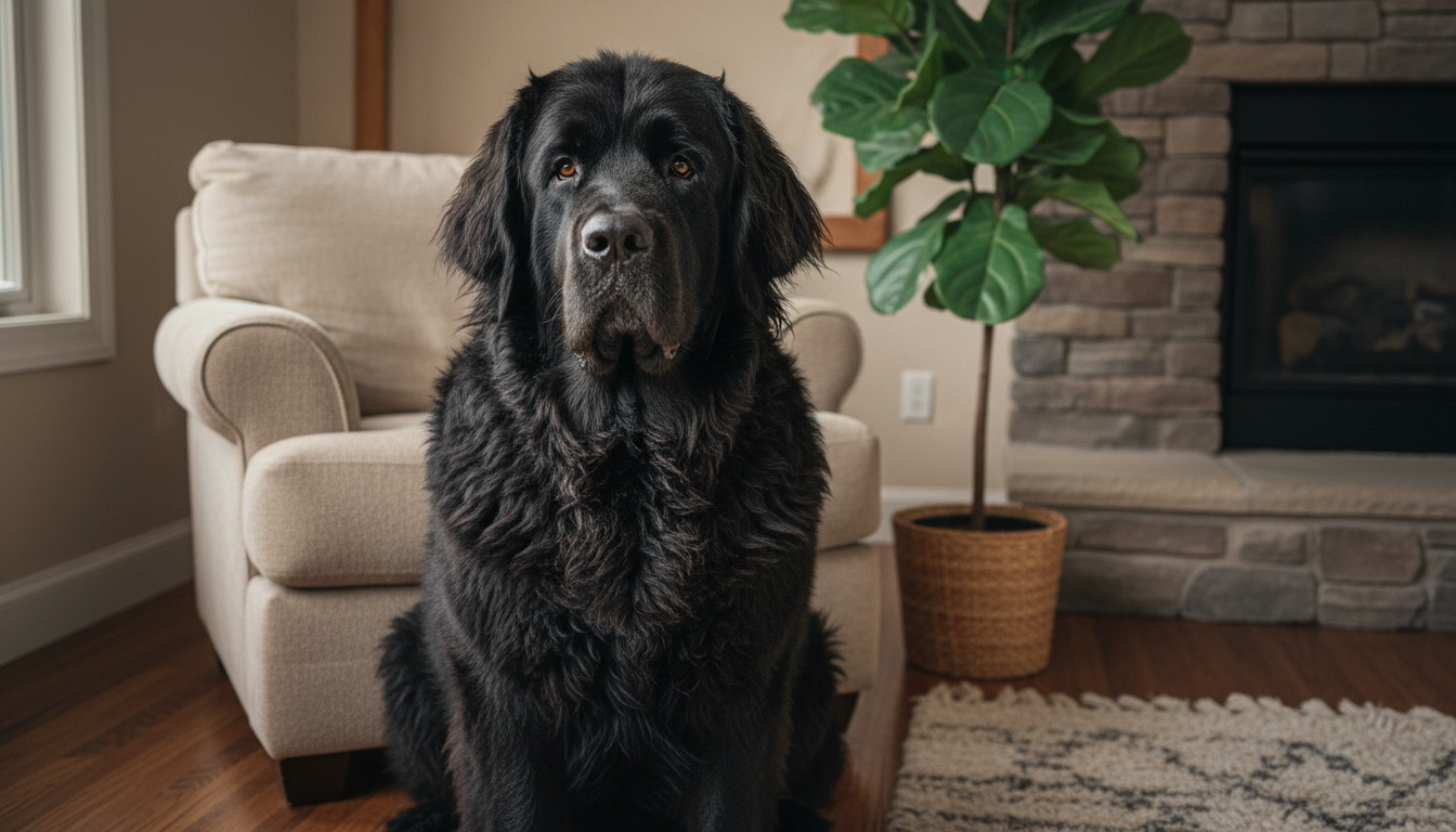 A large, fluffy Newfoundland dog sitting calmly, showing its patient and mindful demeanor.