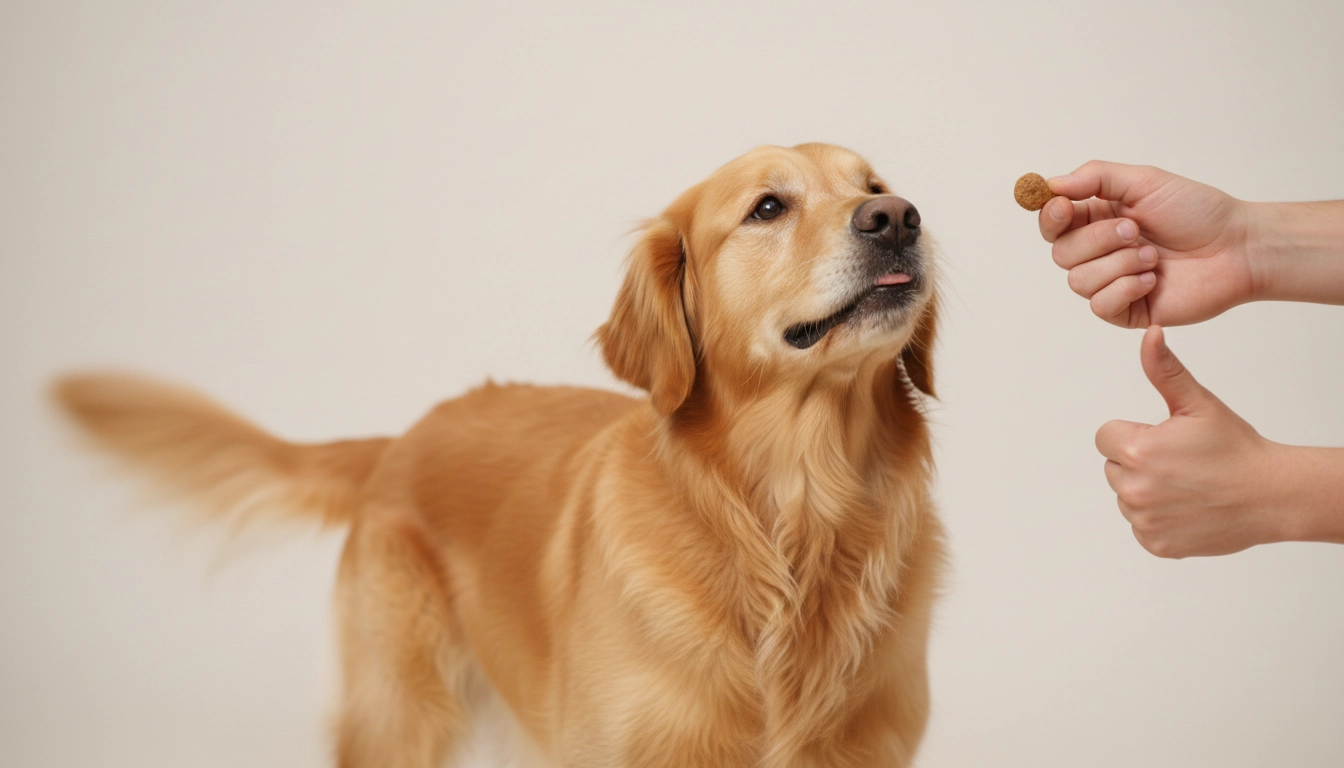A dog maintaining eye contact with its owner during a positive reinforcement training session.