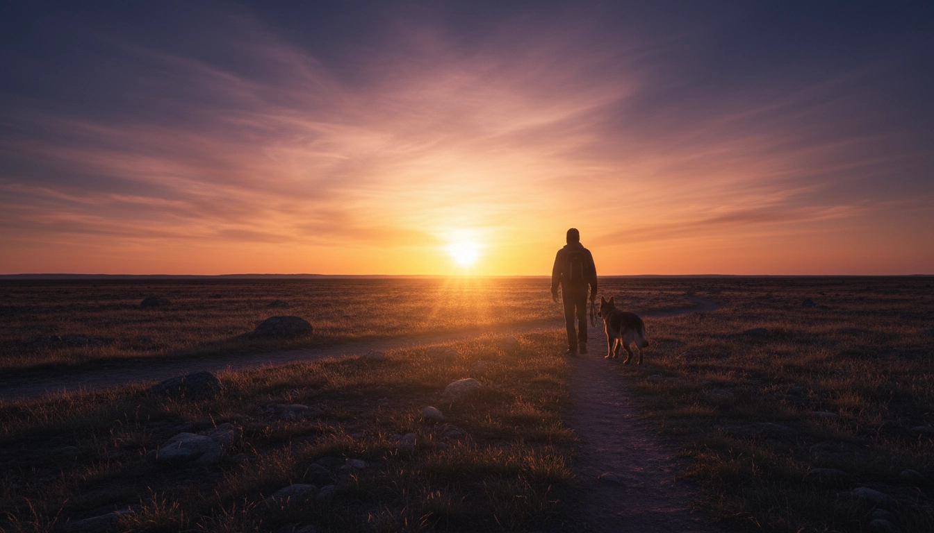 A silhouette of a person and their dog walking together at sunset, symbolizing a safe and successful partnership.
