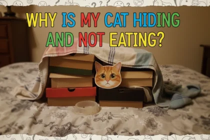 A grainy, low-light photo of a tabby cat tucked away in a dark corner, illustrating why is my cat hiding and not eating?