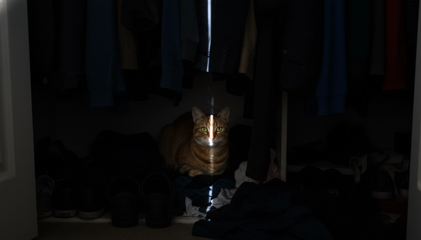 A cat sitting deep inside a dark closet, peering out from behind some hanging clothes with an alert expression.