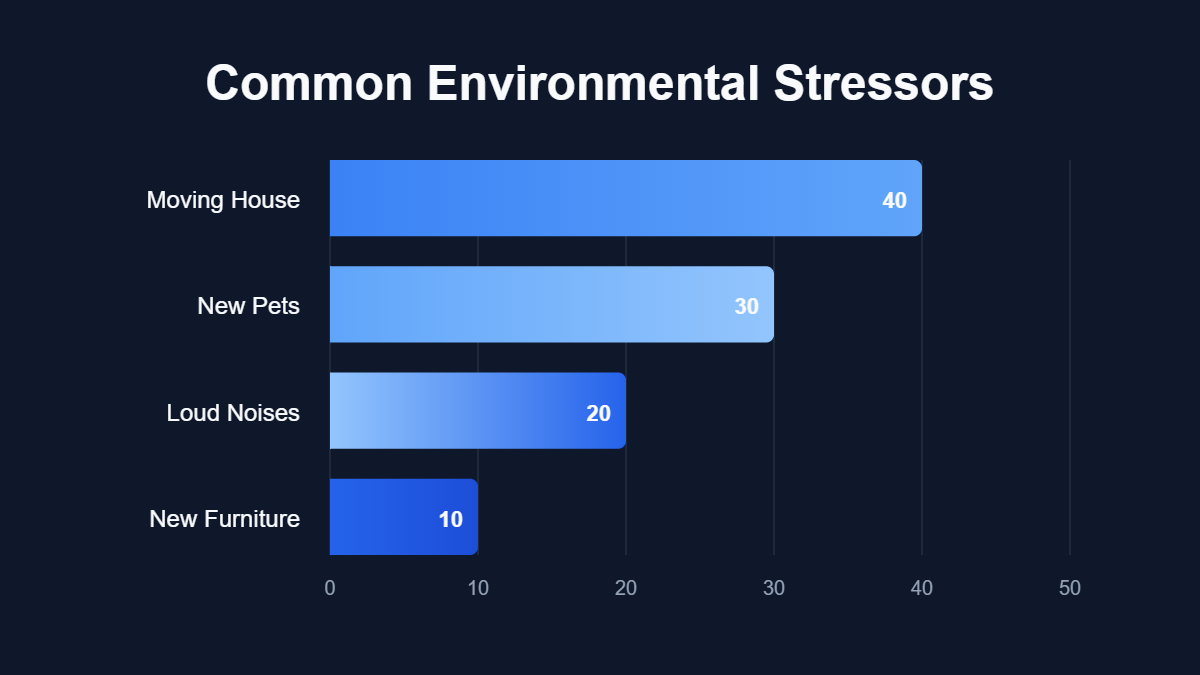 A pie chart titled "Common Environmental Stressors" showing data for Moving House, New Pets, Loud Noises, New Furniture.