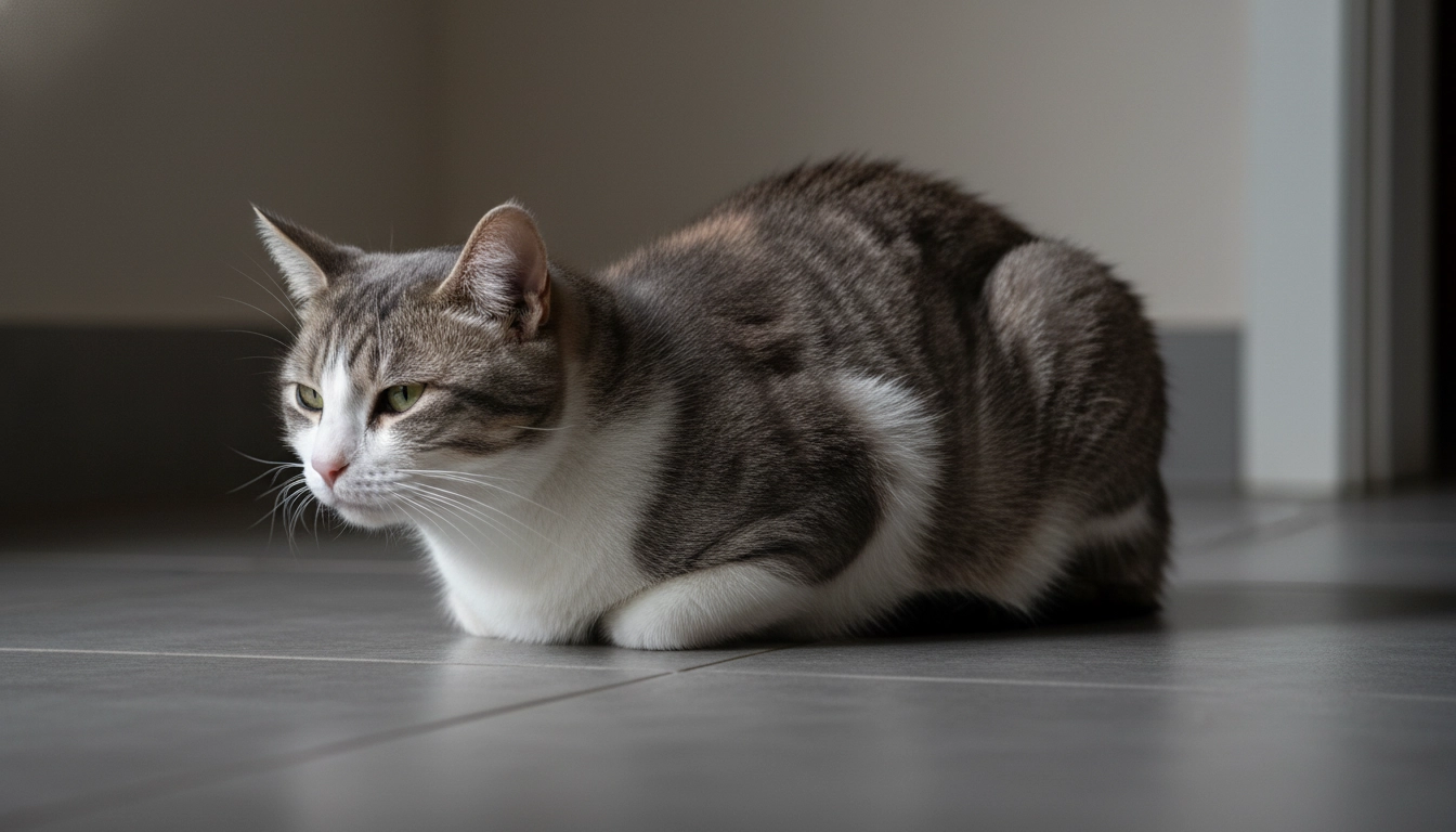 A sick cat sitting in a hunched position with its head low and paws tucked tightly underneath its body.