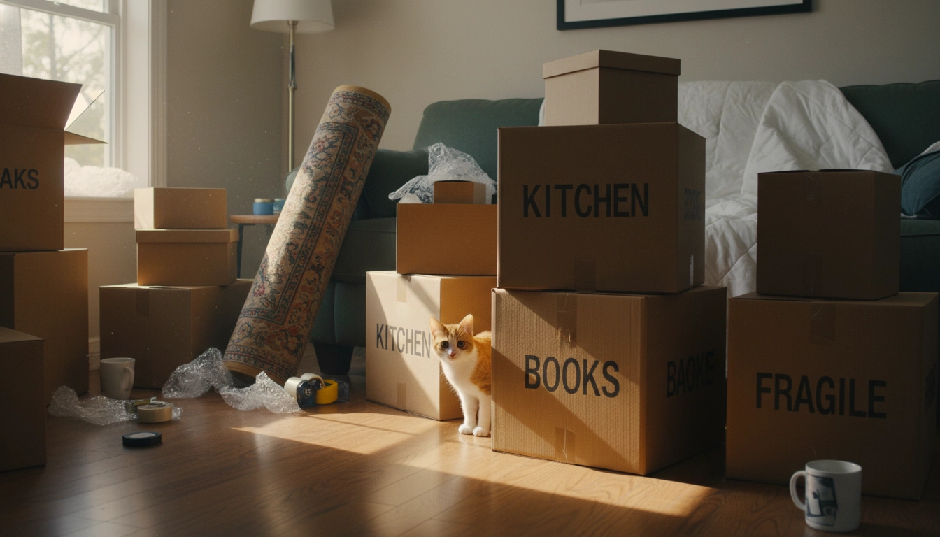 A cat peeking nervously from behind a stack of cardboard moving boxes in a disrupted living room.