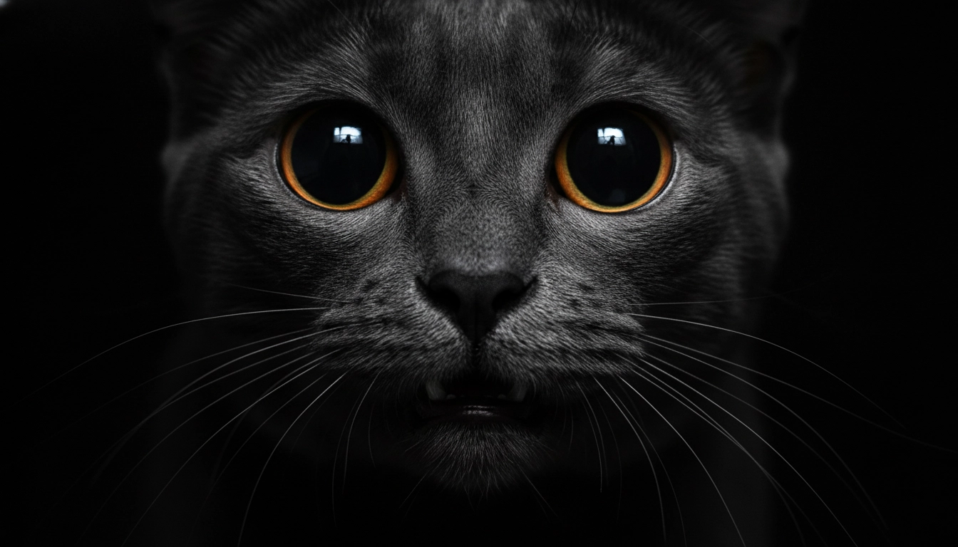 A close-up of a cat's face showing extremely large, dilated pupils and whiskers pulled back against the cheeks.