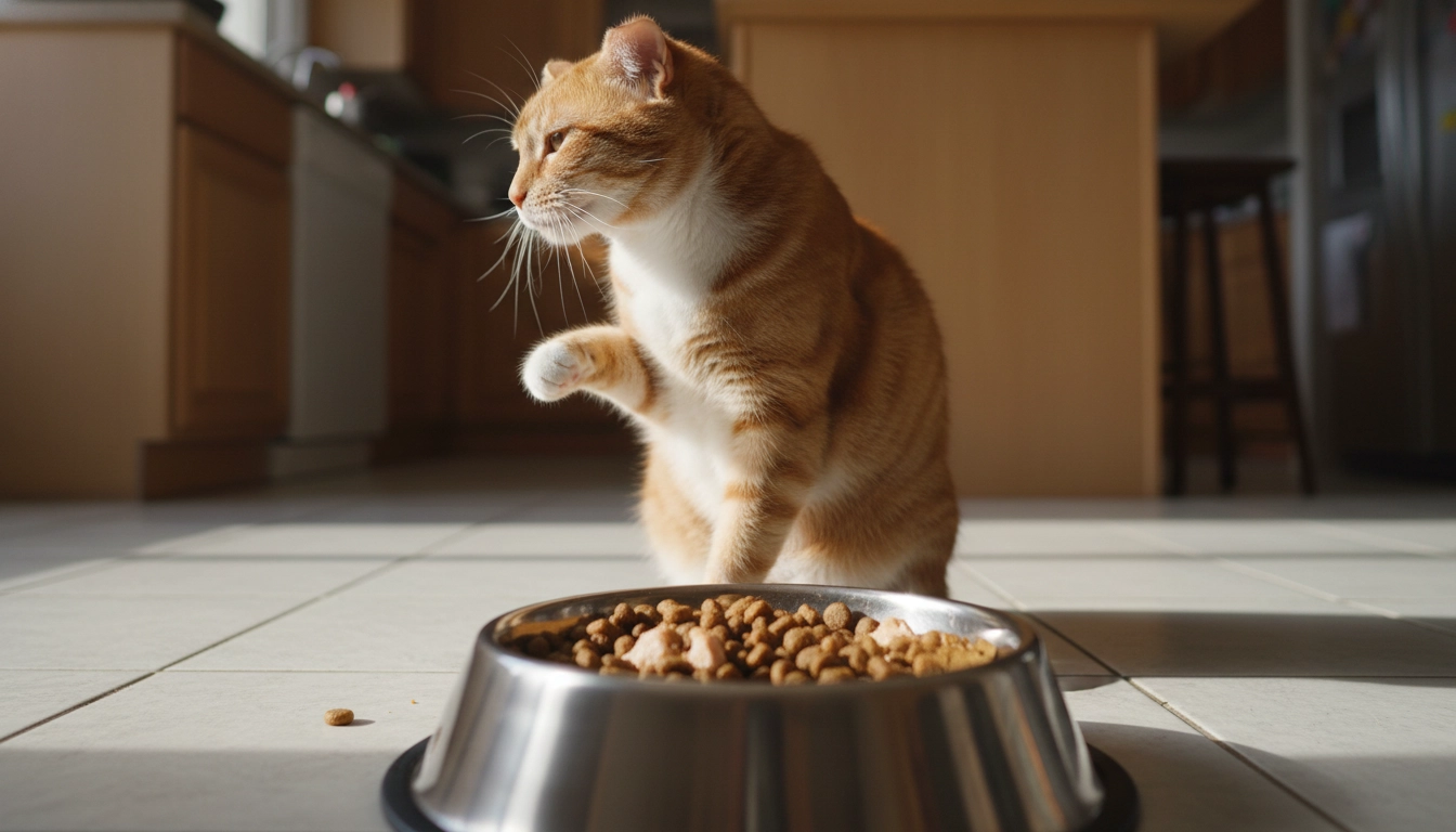 A cat turning its head away from a full bowl of cat food, looking disinterested or nauseous.