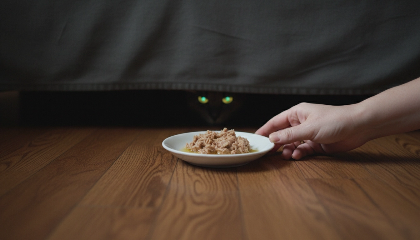 A person sitting on the floor and extending a small plate of tuna toward a dark space under a sofa.