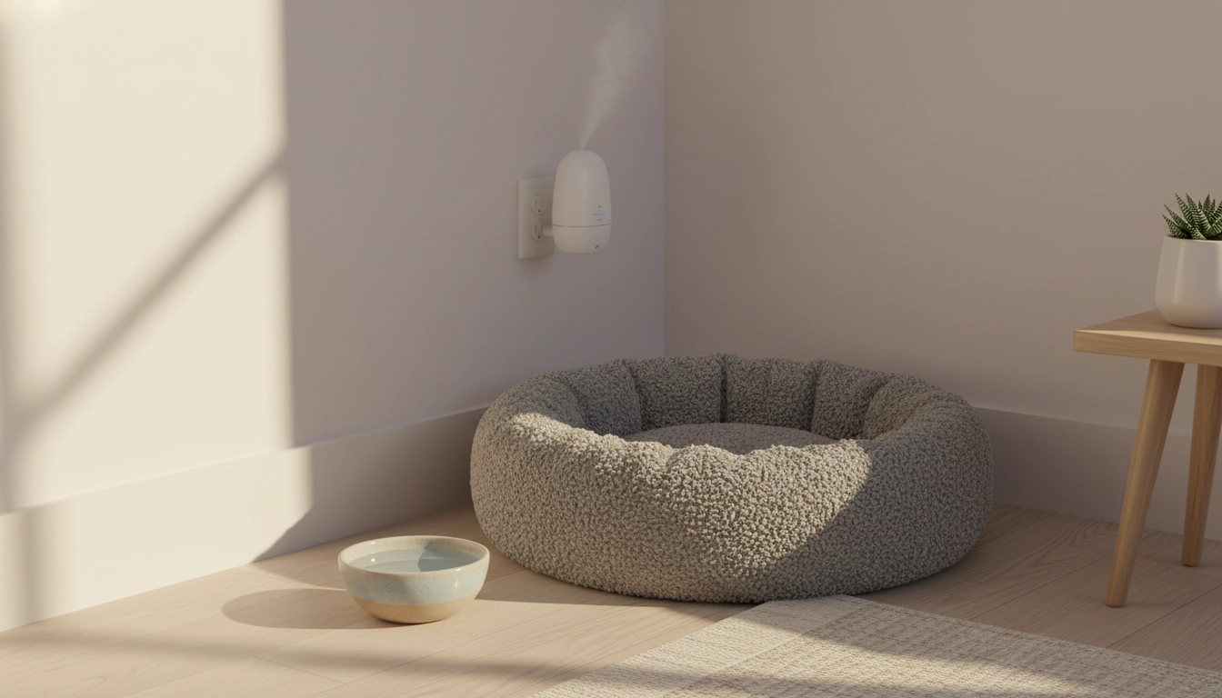 A cozy cat bed placed in a quiet corner next to a water bowl and a pheromone diffuser plugged into the wall.