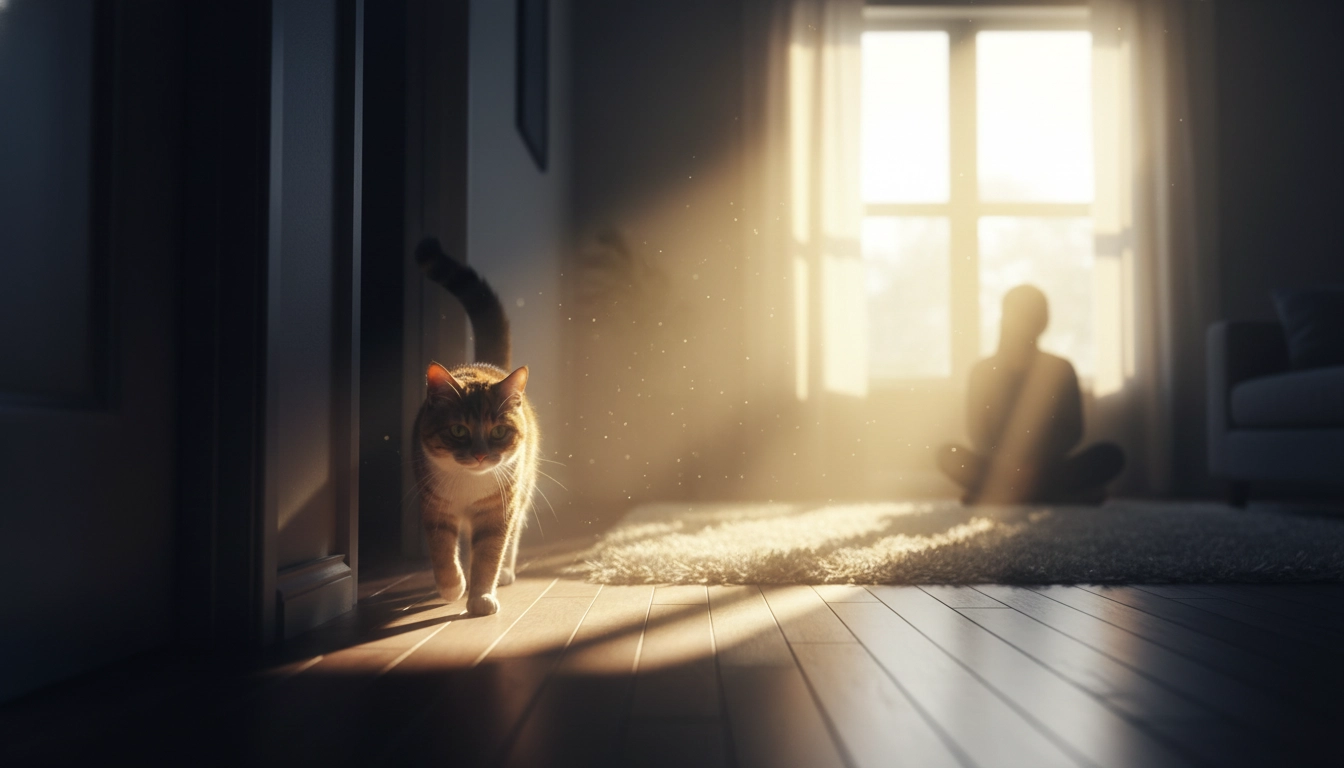 A cat tentatively stepping out from a dark area into a sunlit part of a room toward a waiting owner.