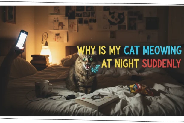 A grainy, amateur photo of a tabby cat sitting in a dark hallway with its mouth open, illustrating why is my cat meowing at night suddenly.