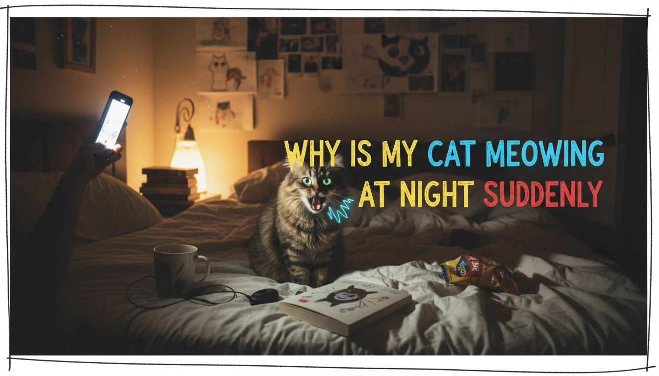 A grainy, amateur photo of a tabby cat sitting in a dark hallway with its mouth open, illustrating why is my cat meowing at night suddenly.