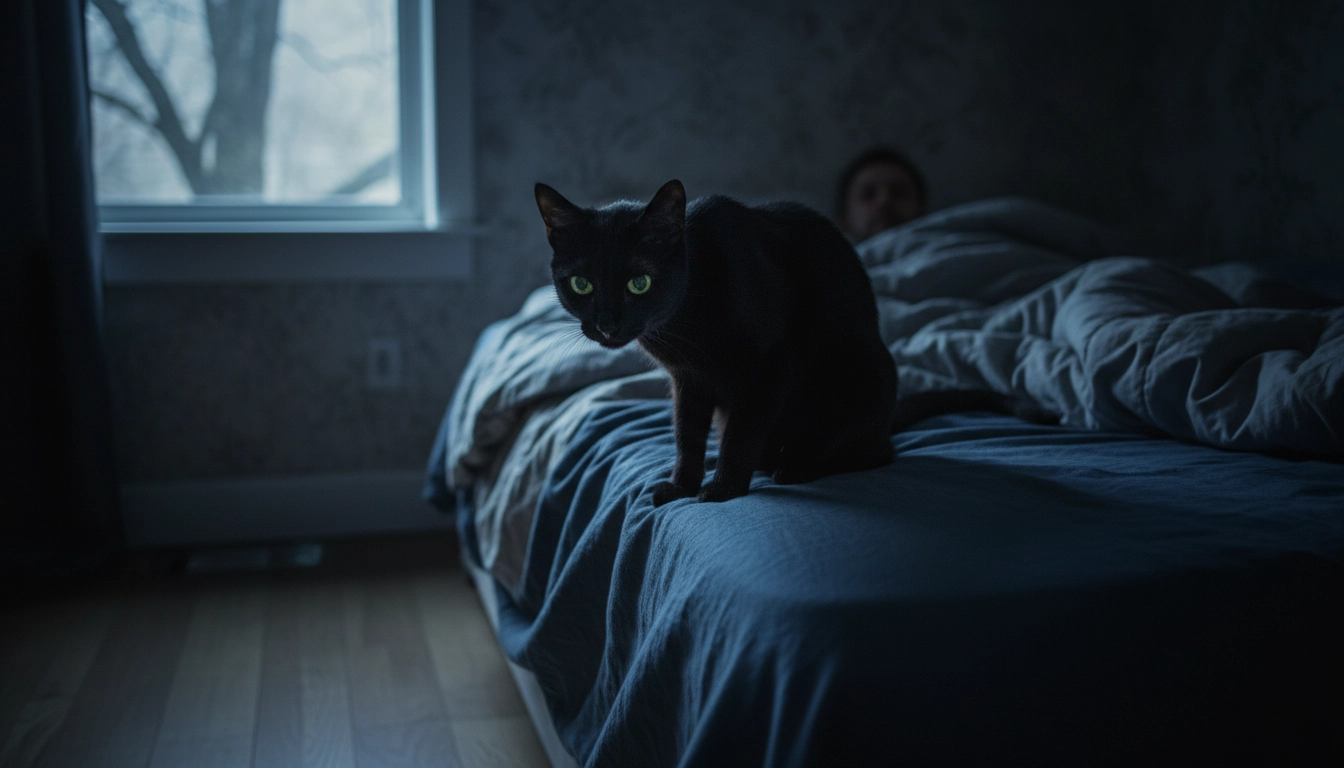 Why Is My Cat Meowing At Night Suddenly A cat with glowing eyes sitting on the edge of a bed while a human sleeps in the background.
