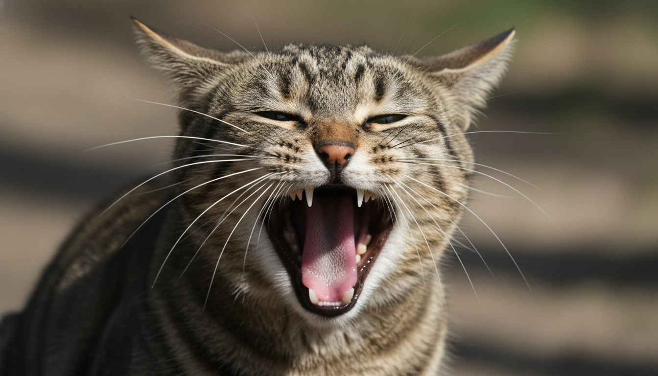 Why Is My Cat Meowing At Night Suddenly A cat with its mouth wide open in a primal scream or caterwaul.