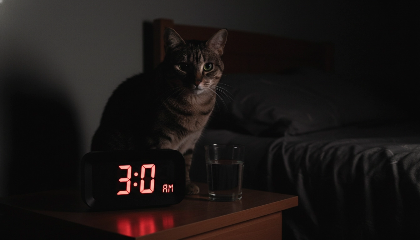 Why Is My Cat Meowing At Night Suddenly A cat sitting on a nightstand next to a digital clock showing 3:00 AM.
