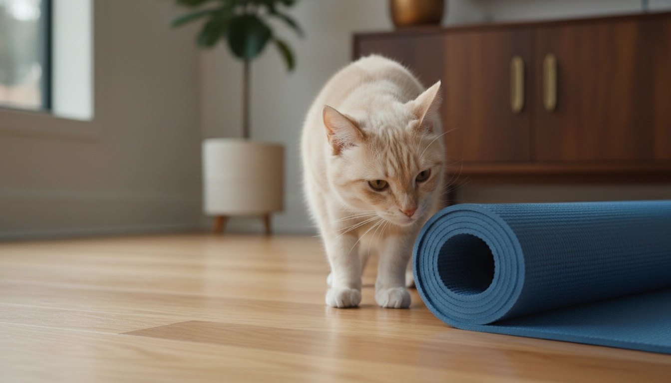 Why Is My Cat Meowing At Night Suddenly A cat sniffing a blue yoga mat on a wooden floor, investigating why is my cat meowing at night suddenly due to environmental changes.