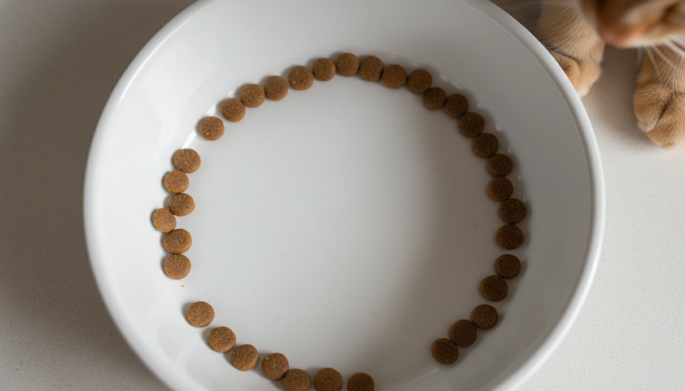 Why Is My Cat Meowing At Night Suddenly A cat looking down at a ceramic food bowl where the bottom is visible through the kibble.