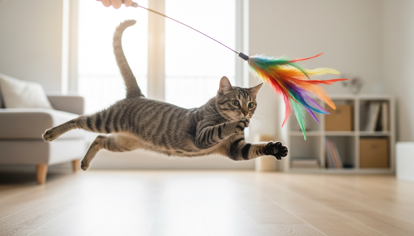 Why Is My Cat Meowing At Night Suddenly A cat jumping in the air to catch a feather wand toy during an evening play session.