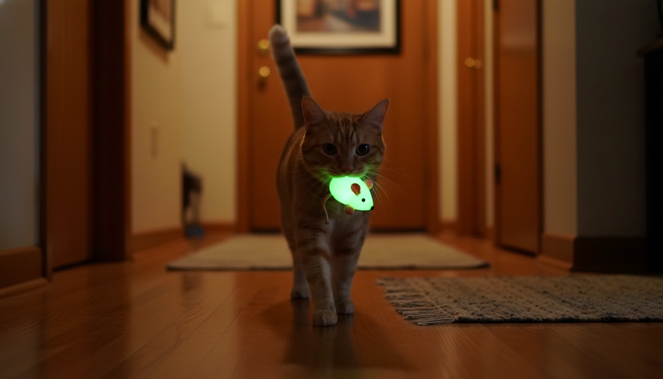 Why Is My Cat Meowing At Night Suddenly A cat carrying a neon-green plush mouse in its mouth toward a closed door.