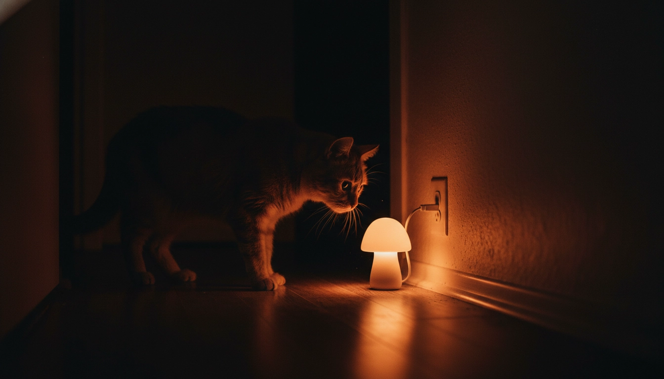 Why Is My Cat Meowing At Night Suddenly An older cat standing in a dark hallway illuminated by a soft orange nightlight.
