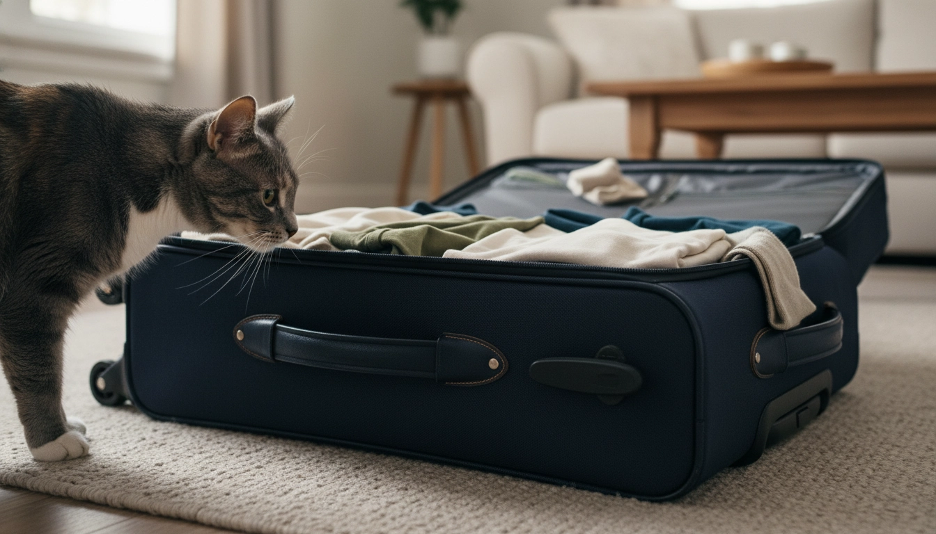 Why Is My Cat Meowing At Night Suddenly A cat investigating a suitcase left in the living room, showing how environmental changes affect behavior.