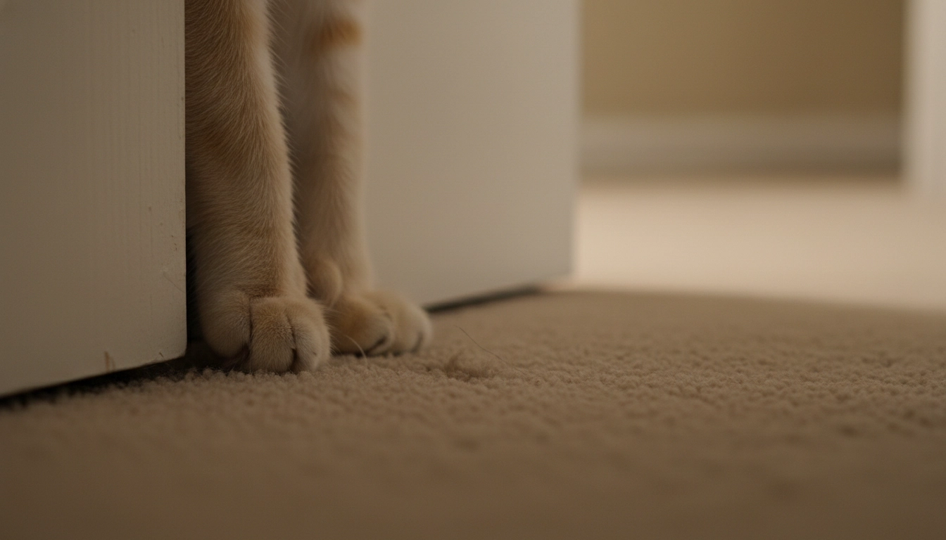 Why Is My Cat Meowing At Night Suddenly Two cat paws reaching under a closed white bedroom door from the outside.