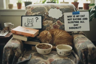 A homemade photo of a ginger cat lying limp on a couch showing why is my cat not eating and sleeping all day suddenly.