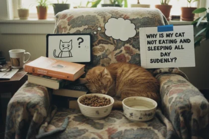 A homemade photo of a ginger cat lying limp on a couch showing why is my cat not eating and sleeping all day suddenly.