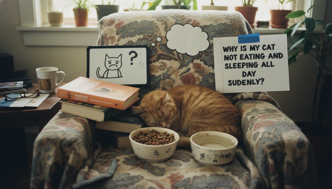 A homemade photo of a ginger cat lying limp on a couch showing why is my cat not eating and sleeping all day suddenly.