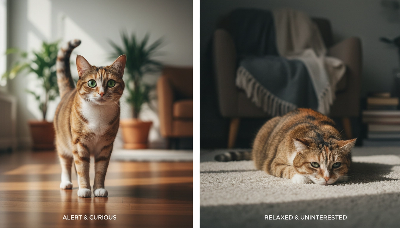 A cat sleeping peacefully in a sunbeam compared to a cat looking heavy and uninterested.