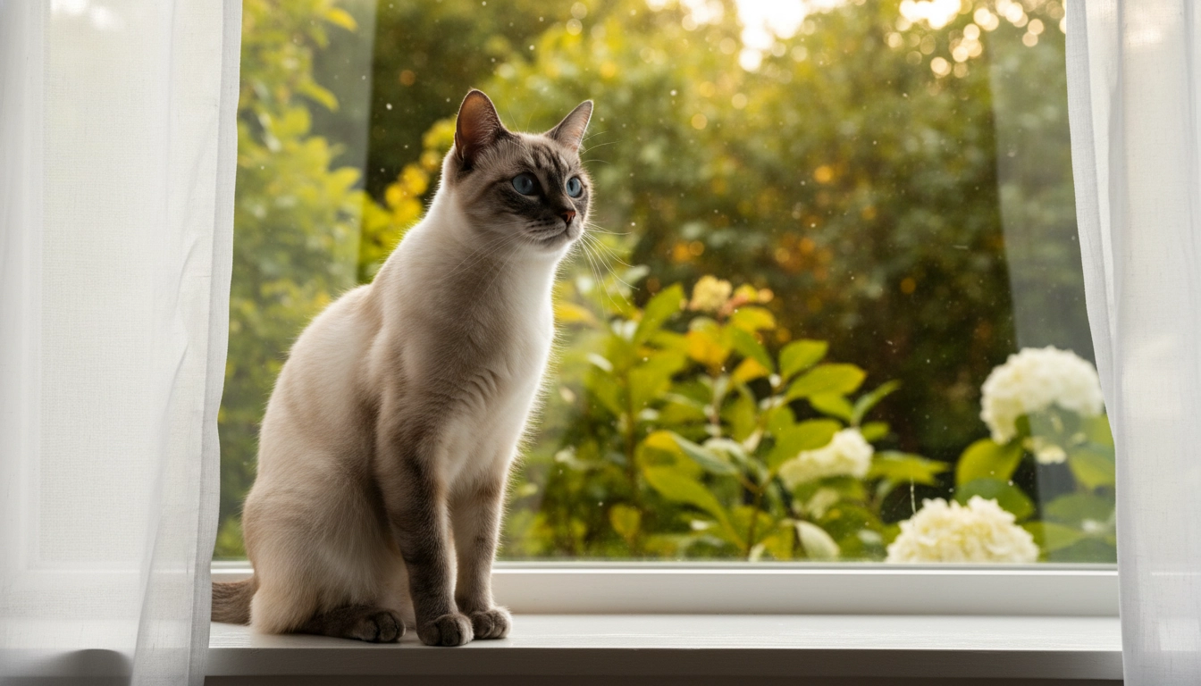 A cat sitting upright and alert in a sunny window, looking healthy again.