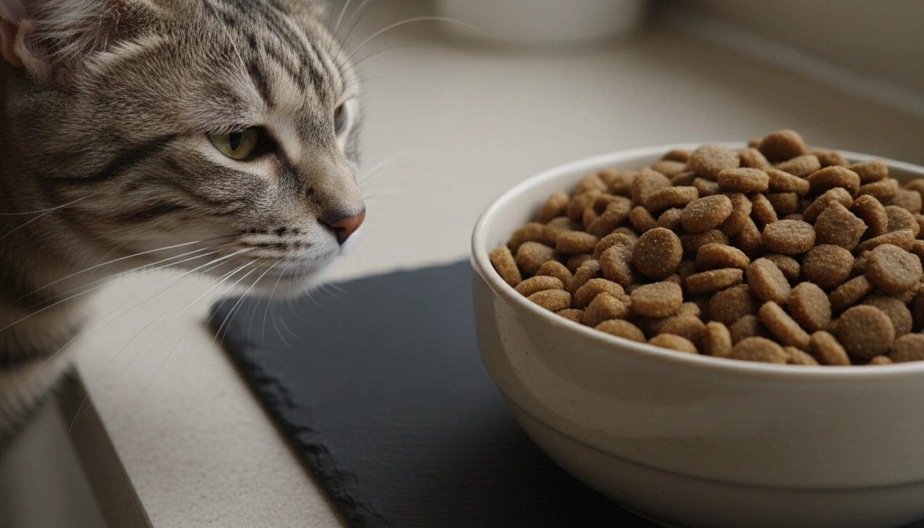 A cat sitting near a full food bowl but turning its head away in a sign of appetite loss.