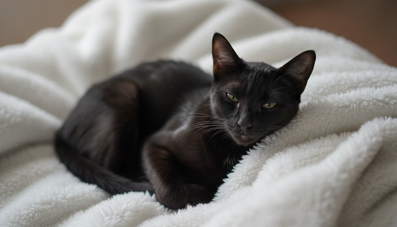 A thin-looking cat resting its chin on a blanket, looking weak from not eating.