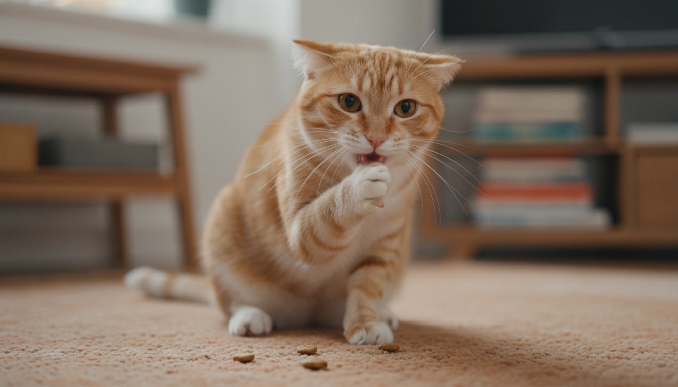 A cat using its paw to touch its mouth, suggesting dental pain or a blockage.