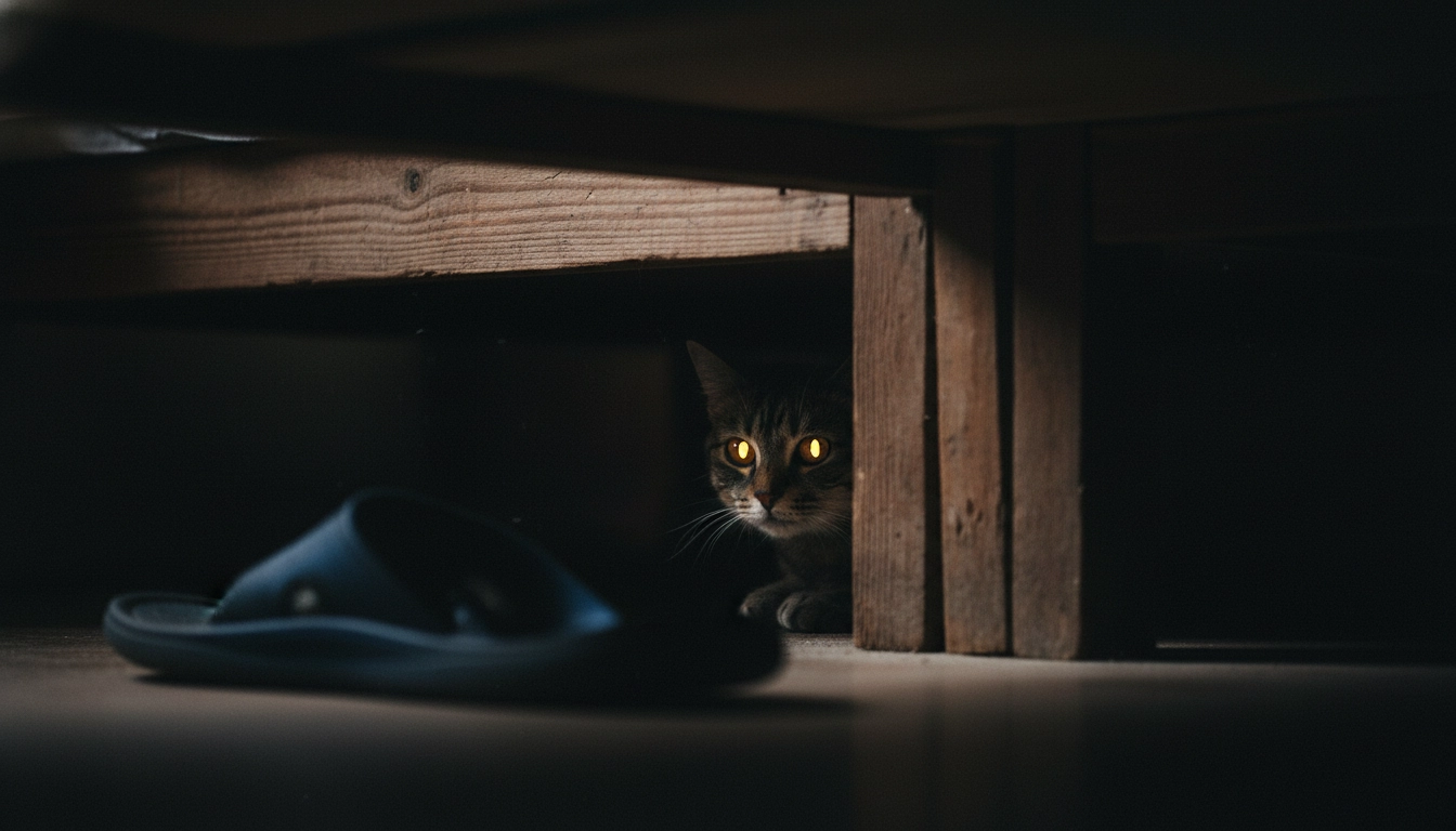 A cat tucked away in a dark corner under a bed, hiding while it feels unwell.