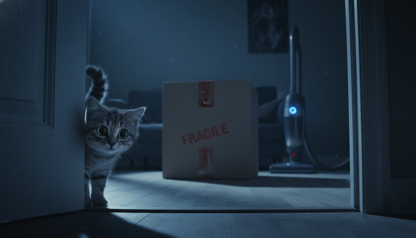 A cat looking wide-eyed and stressed while peeking from behind a door frame.
