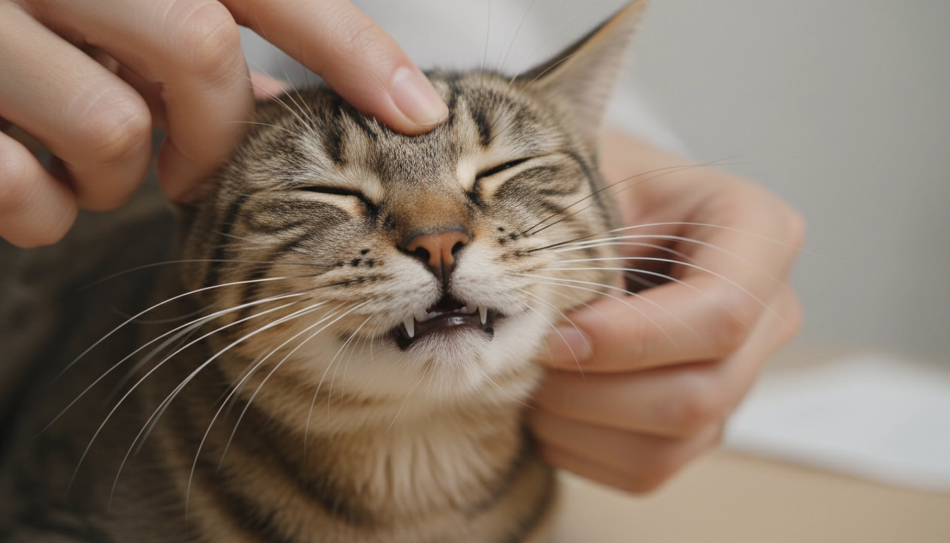 A person's hand gently lifting a cat's lip to check the color of the gums.
