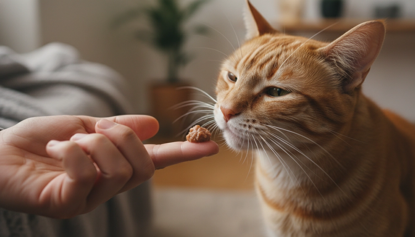 A person offering a small amount of wet food on a finger to a cat.